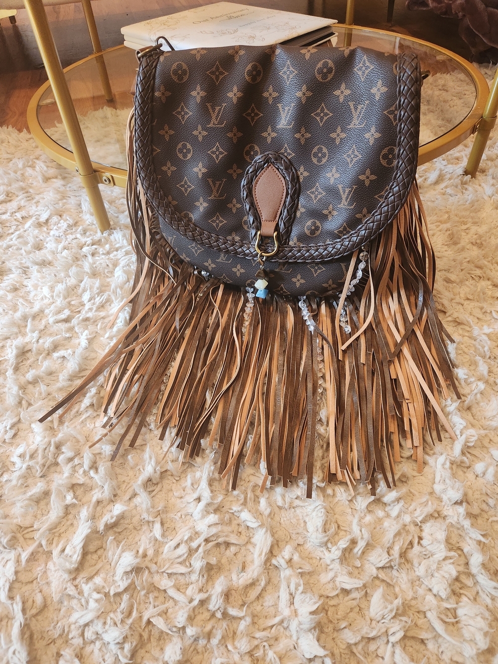 Brown Monogram Fringe Crossbody Bag with Braided Trim